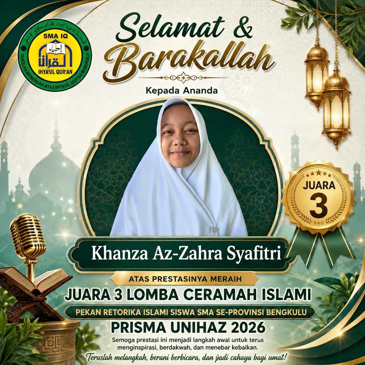 Juara 3 Lomba Ceramah Islami Tingkat Pondok Pesantren se Provinsi Bengkulu
